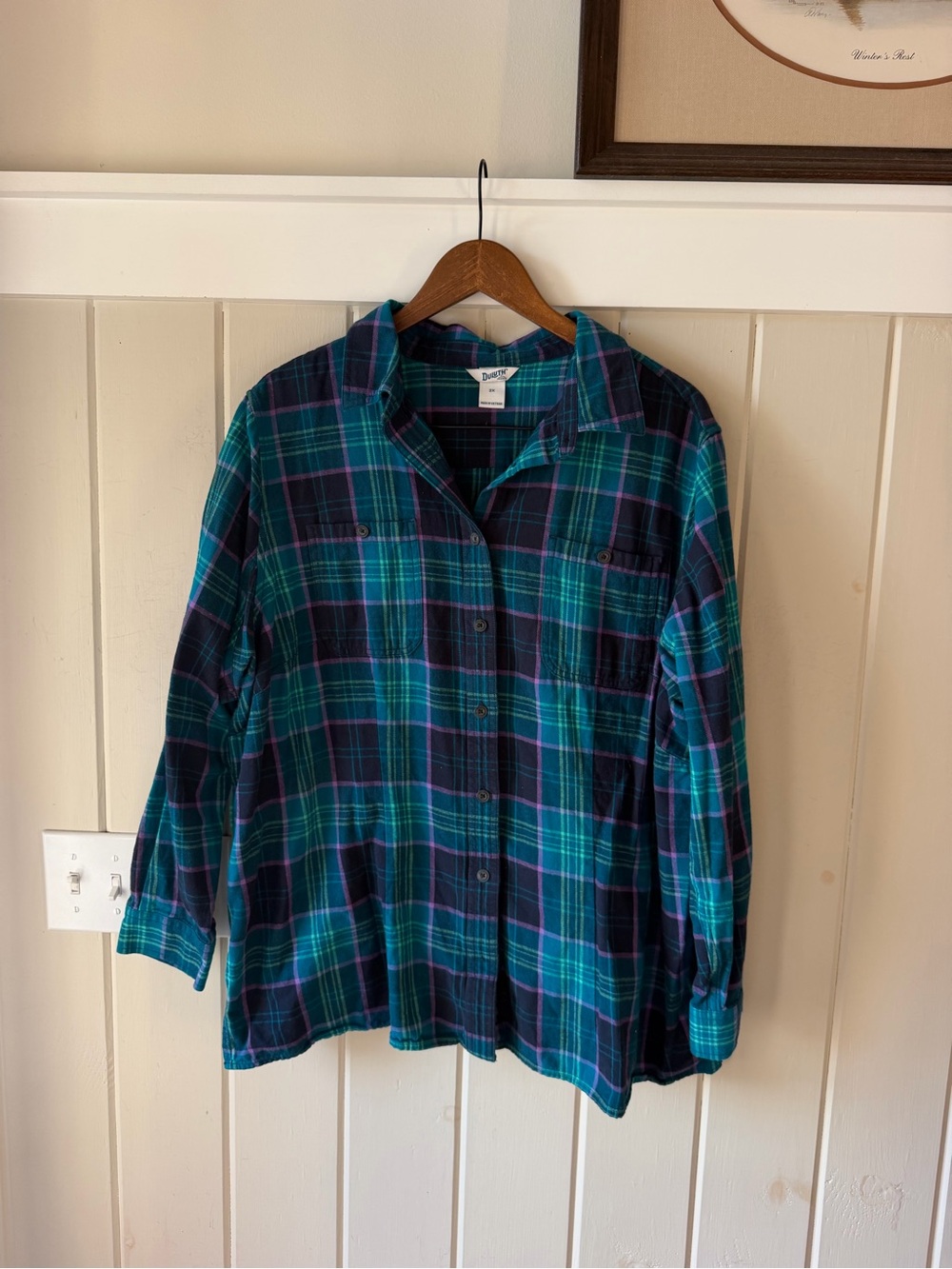 Duluth Trading Teal Navy Purple Plaid Button-Down Flannel Shirt, Size 2X, NWOT